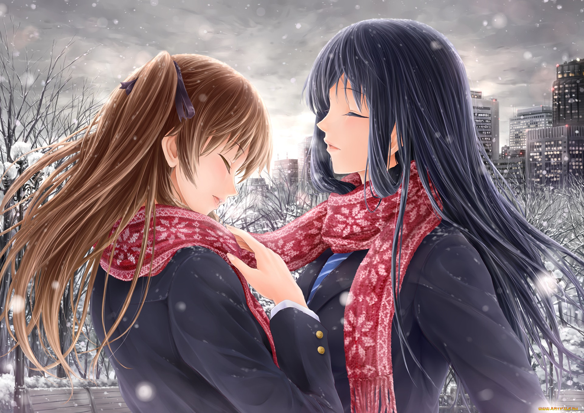 Две аниме девушки зимой